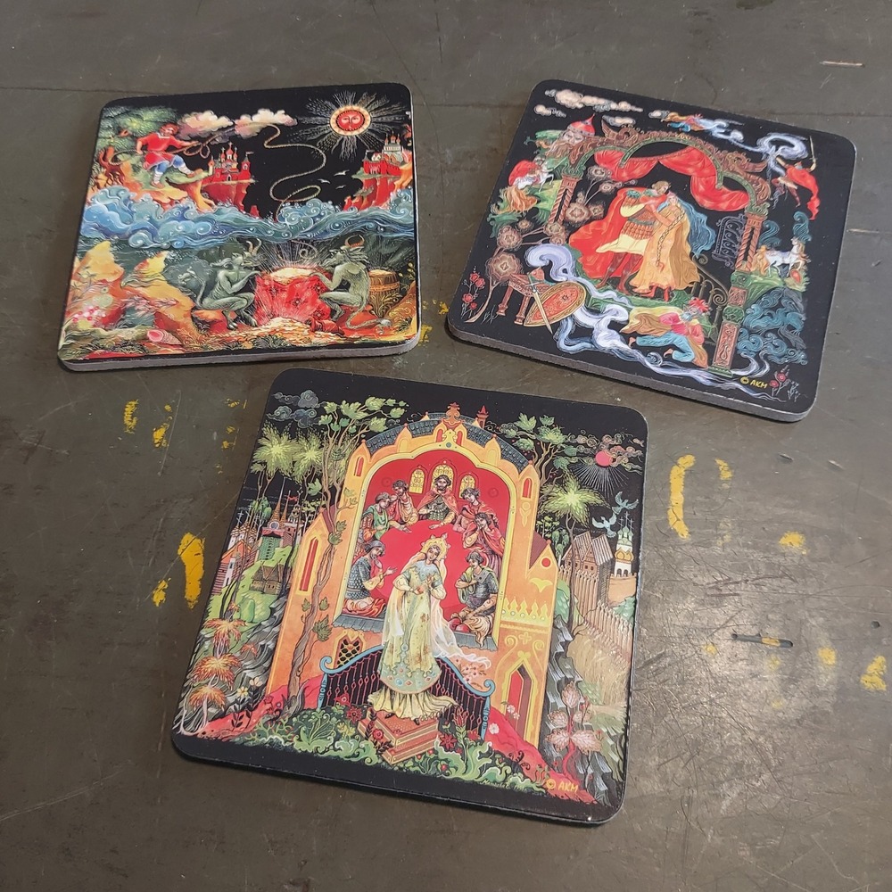 Vintage AKM Russian Folk Art Palekh Style Cork Backed Coasters Set of 3